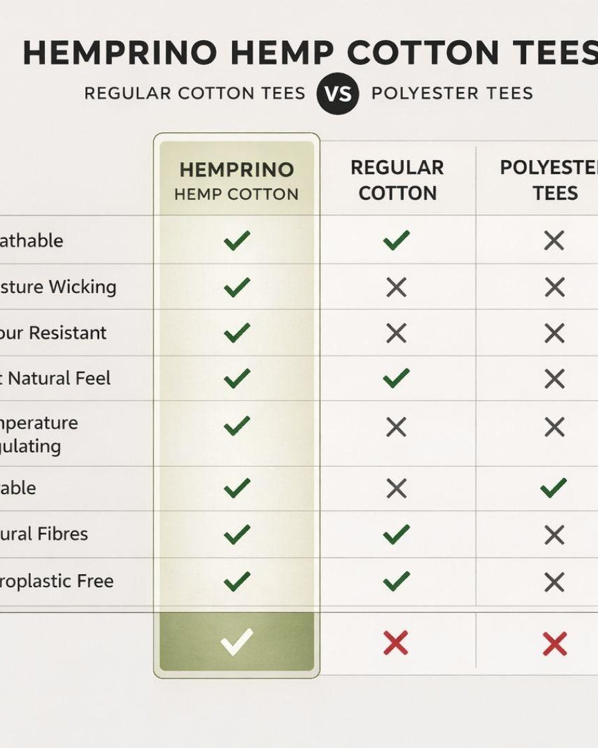 Comparison chart of Hemprino Hemp Cotton Tees versus Regular Cotton Tees and Polyester Tees.
