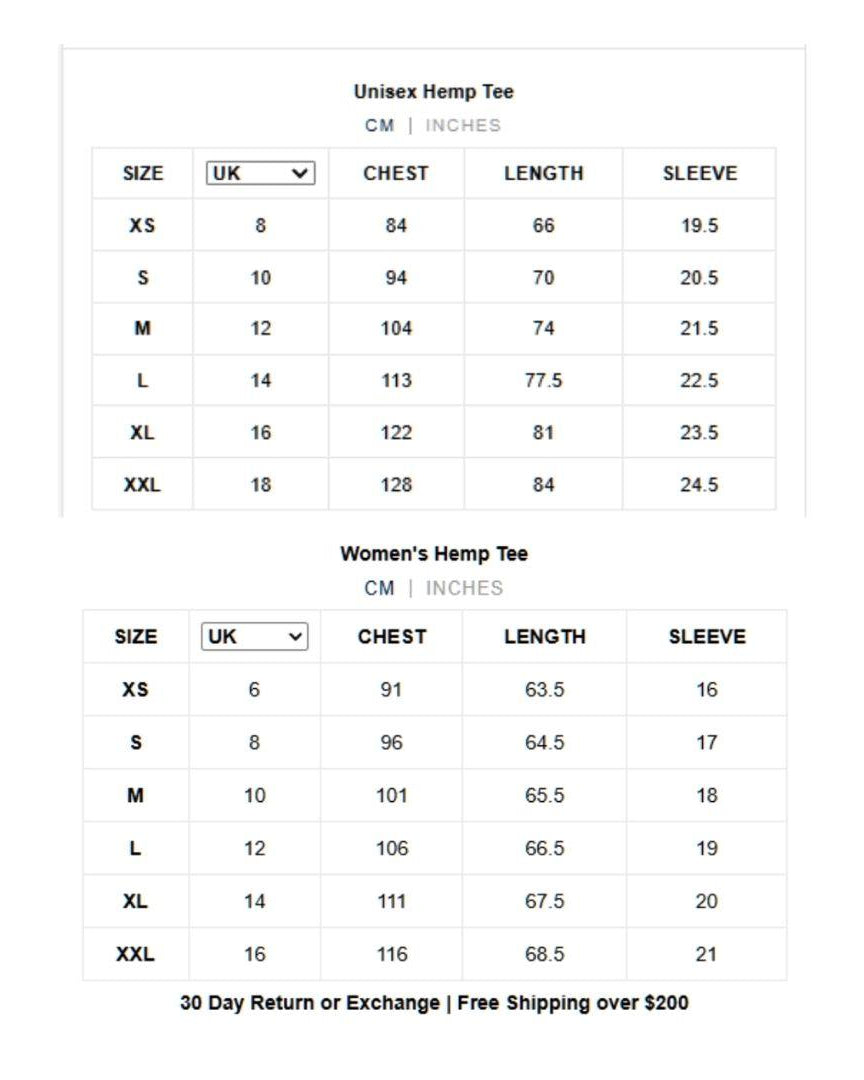 Size chart for Unisex and Women's Hemp Tees with measurements in CM and Inches.