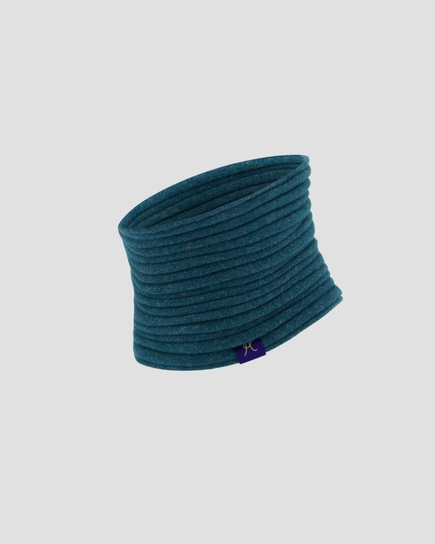 Teal neck warmer with a brand logo on a light gray background
