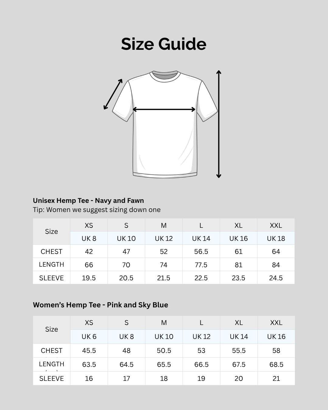 Size guide for Unisex Hemp Tee and Women's Hemp Tee on a gray background