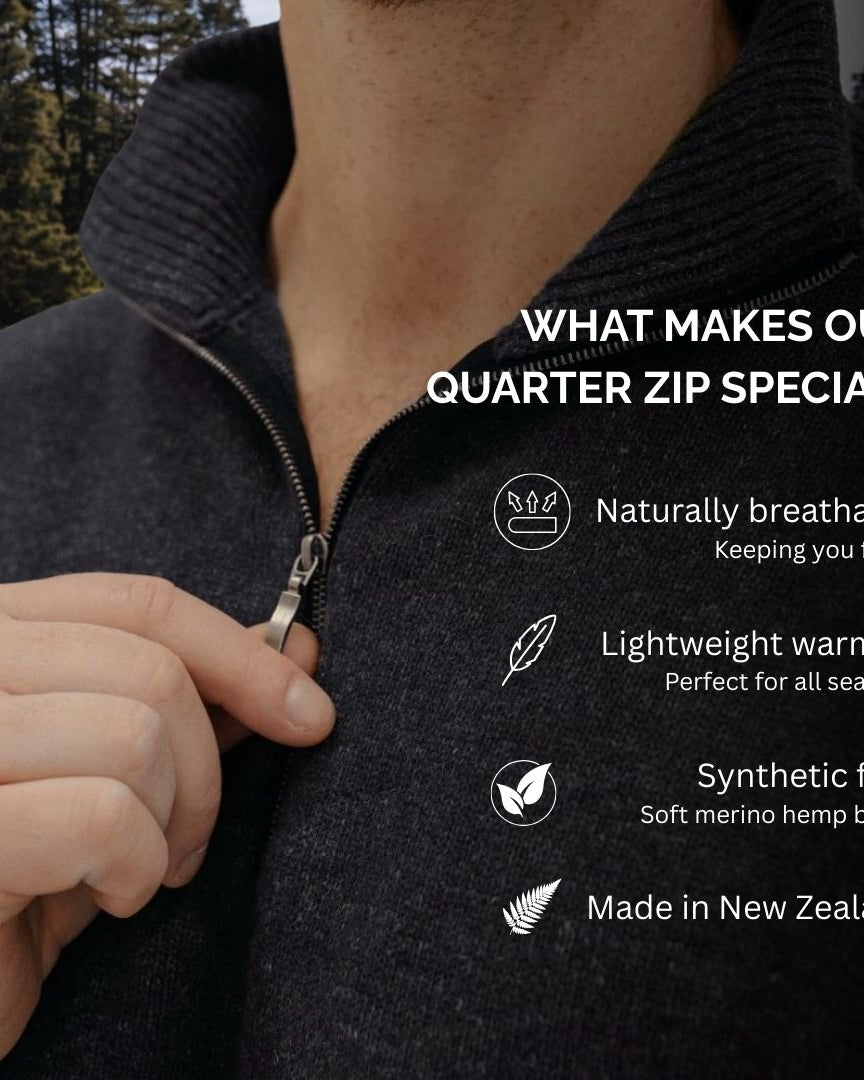 Person wearing a quarter zip pullover with text highlighting features