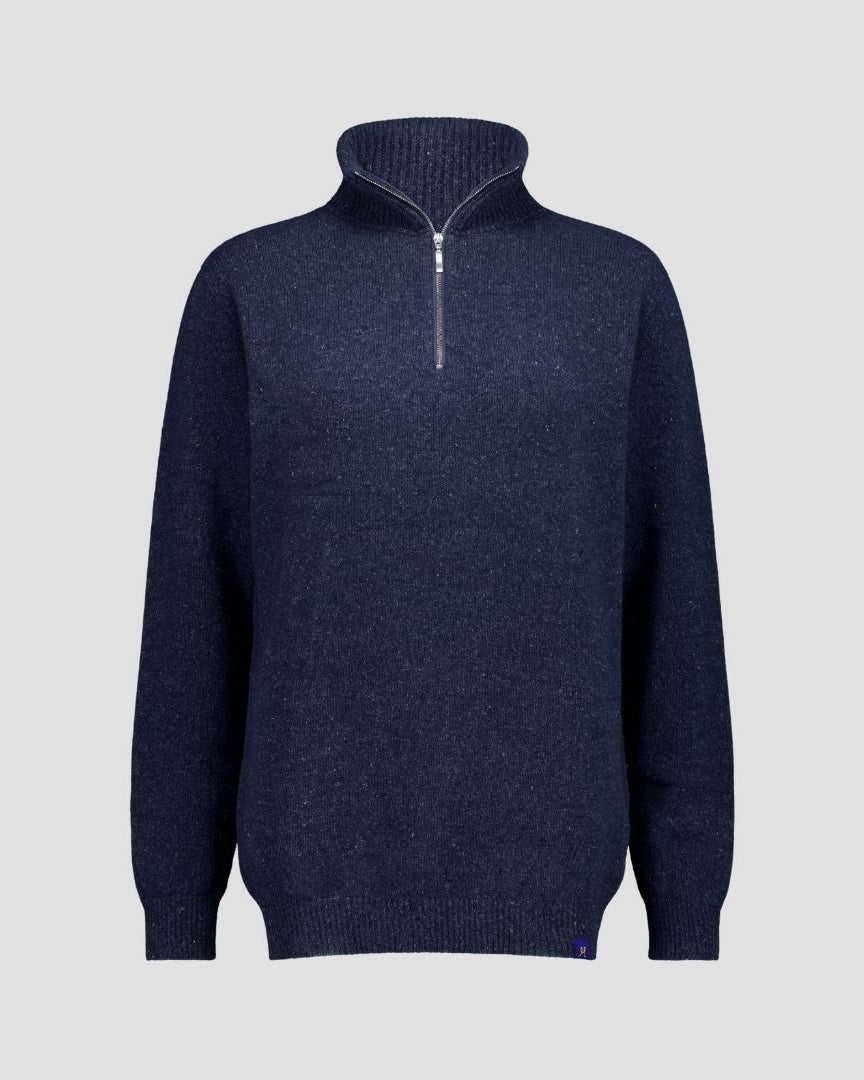 Navy blue sweater with a quarter zip on a light gray background
