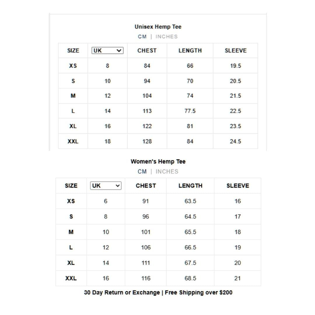 Size chart for Unisex and Women's Hemp Tees with measurements in CM and Inches.