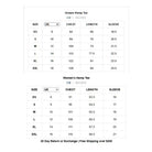 Size chart for Unisex and Women's Hemp Tees with measurements in CM and Inches.