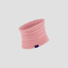 Pink neck gaiter with a brand logo on a light gray background