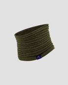 Green neck gaiter with a brand logo on a light gray background