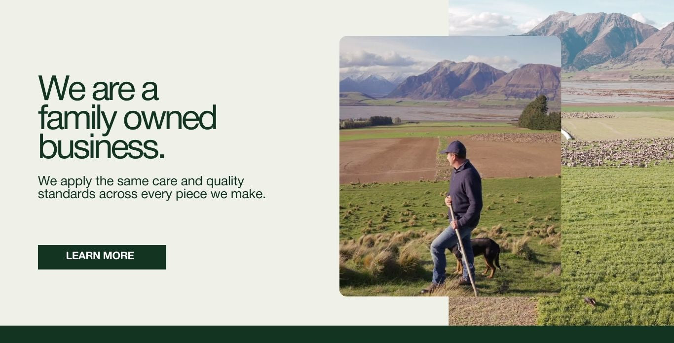 Man with a dog in a field with mountains in the background, accompanied by text about a family-owned business.