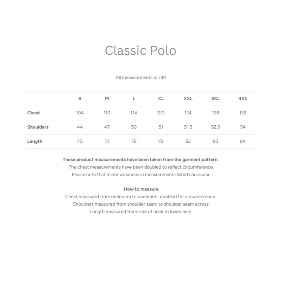 Measurement chart for a classic polo shirt with size chart in centimeters.