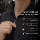 Person wearing a quarter zip pullover with text highlighting features