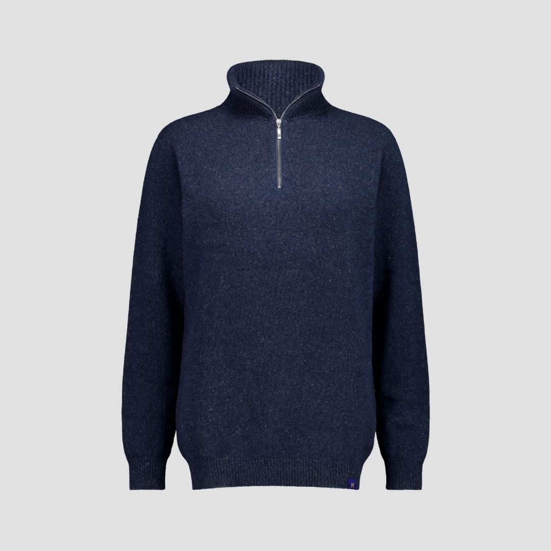 Navy blue sweater with a quarter zip on a light gray background