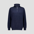 Navy blue sweater with a quarter zip on a light gray background